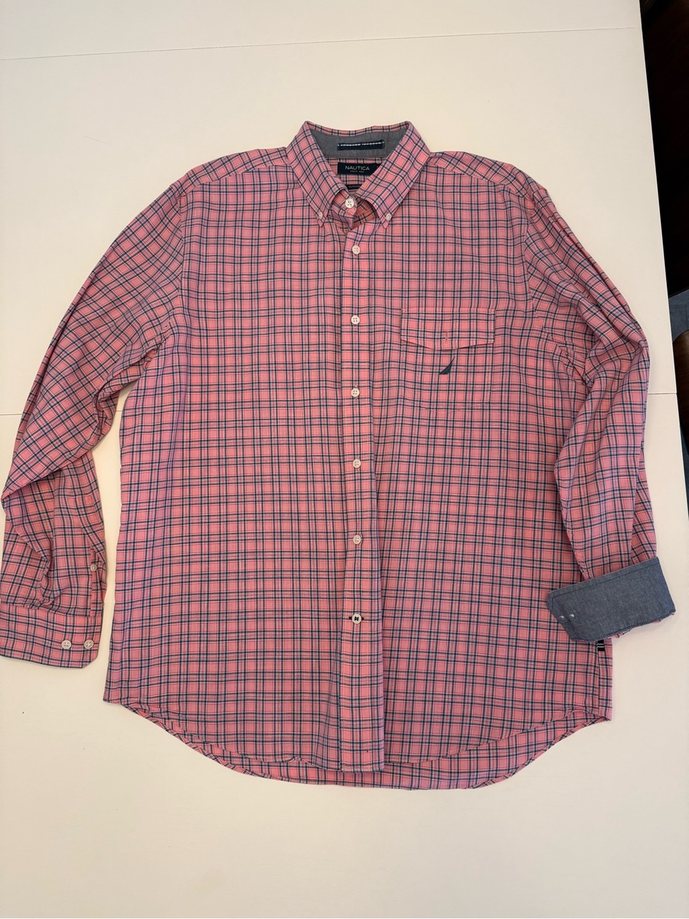 Nautica Men's Pink and Navy Plaid Button-Down Shirt